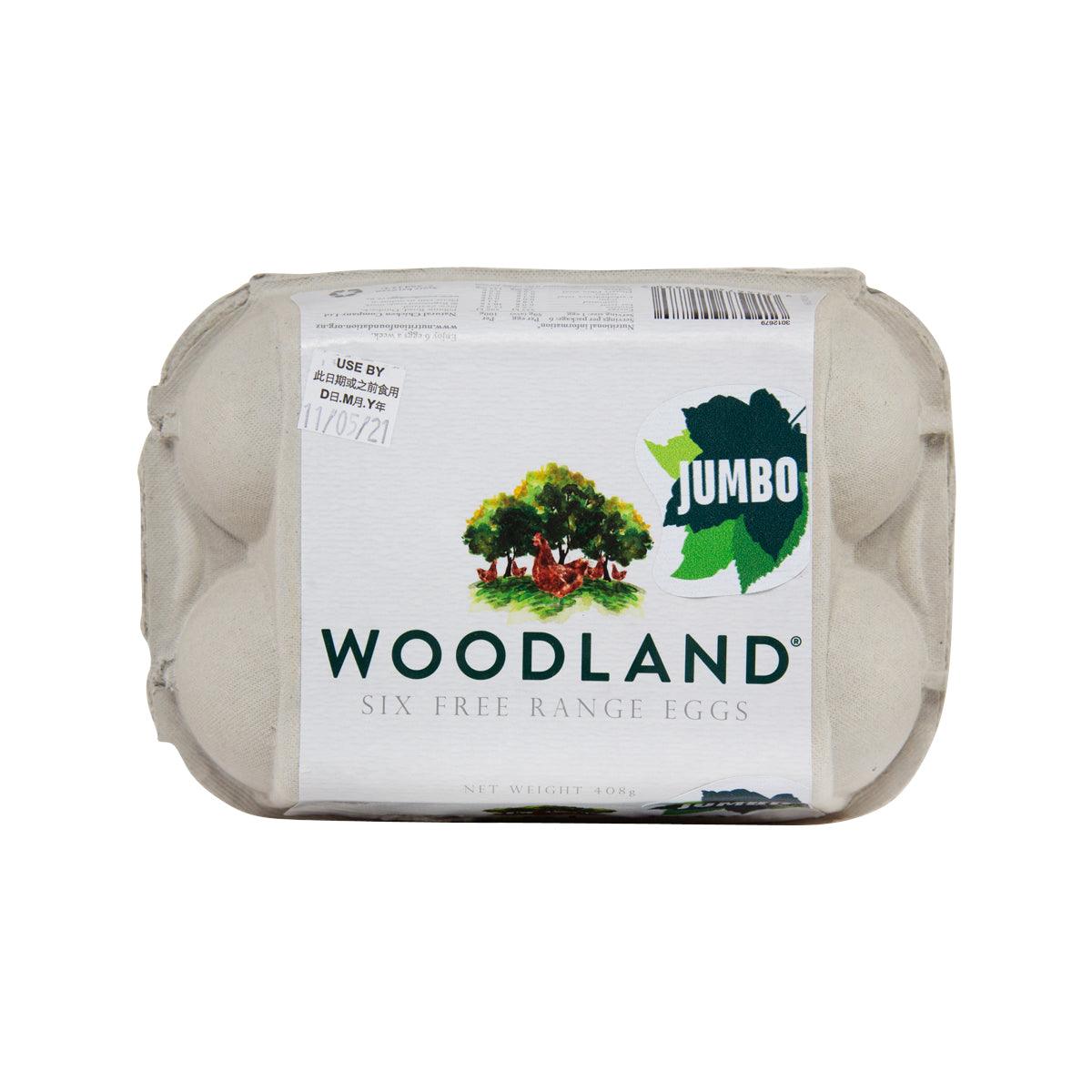 Woodland jumbo free range egg carton, six eggs, white paper pack
