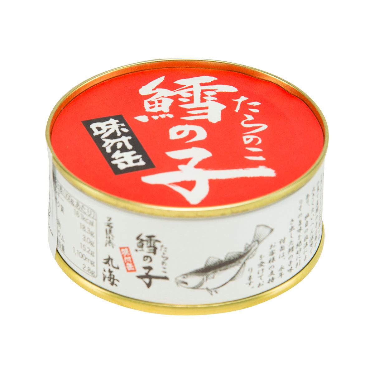 Soy sauce seasoned cod roe can lid with fish illustration and red label