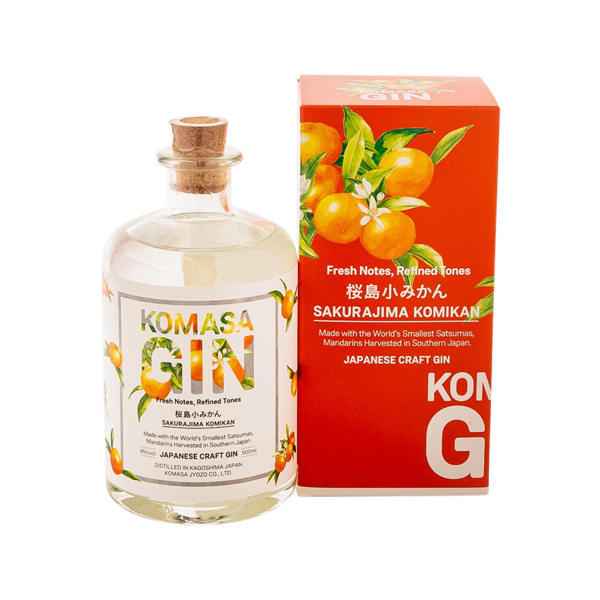 Gin bottle with cork and KOMASA box, citrus mandarin flavor labeling, 500 mL