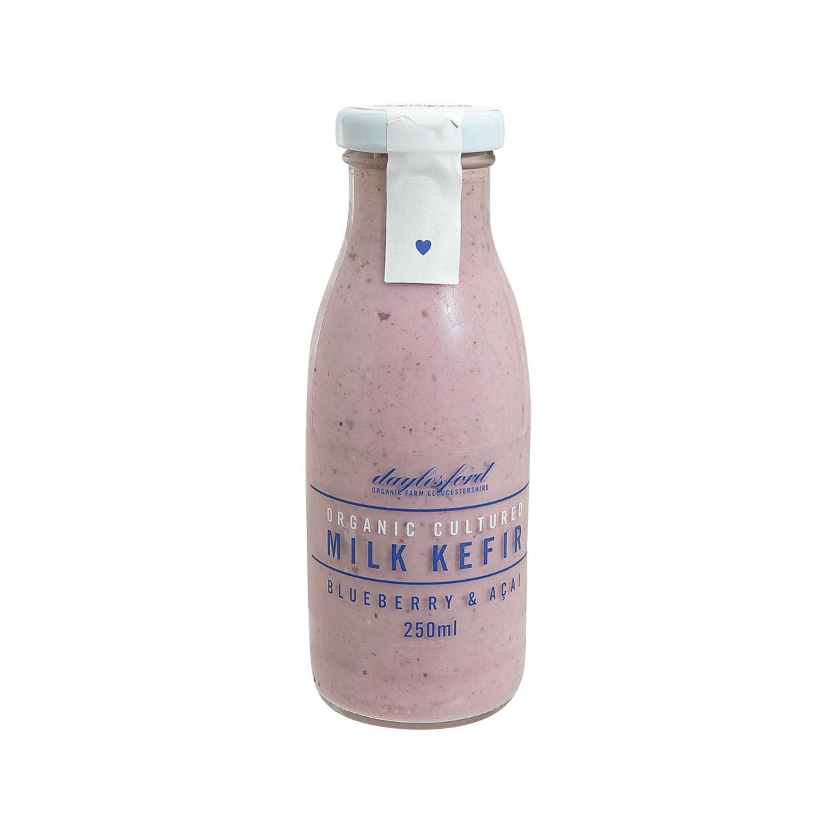 DAYLESFORD organic cultured milk kefir bottle, blueberry & acai, 250 mL, purple liquid