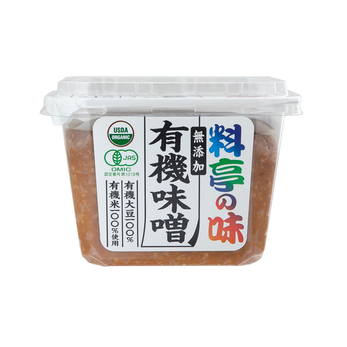 MARUKOME organic miso paste jar, brown fermented soybean miso in lidded container
