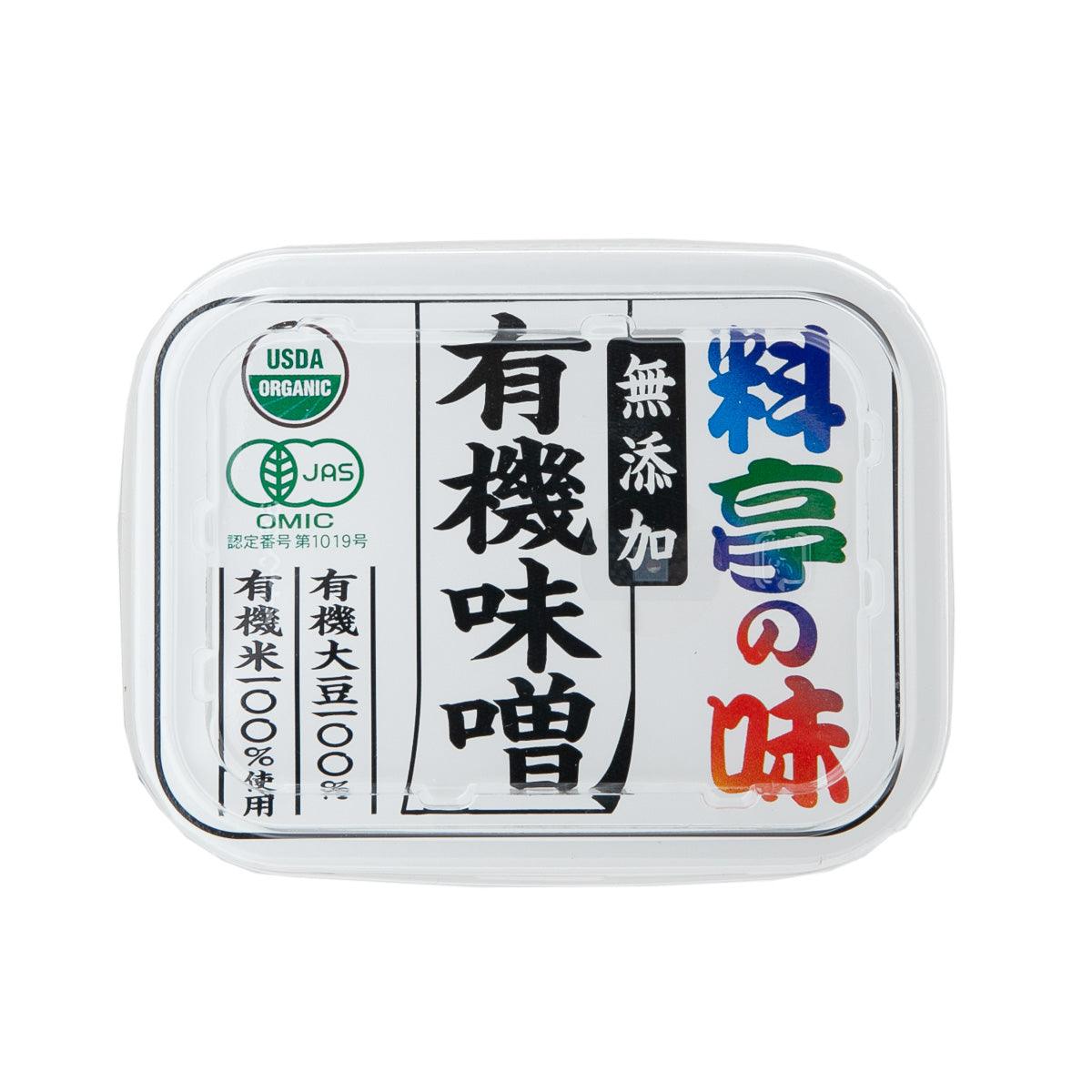 MARUKOME organic miso paste jar lid label, brown miso container view