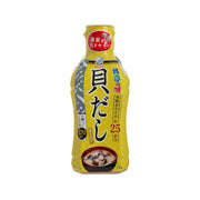 Bottle of liquid miso clam stock, yellow and gray pouch-style container