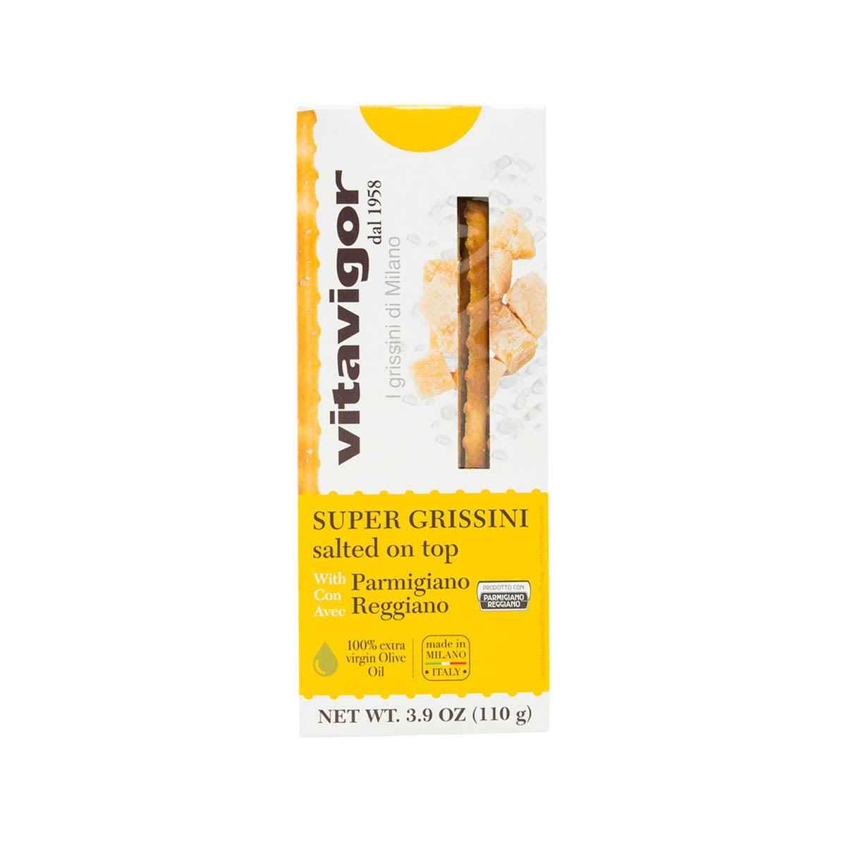 VITAVIGOR grissini breadsticks pack, salted on top with Parmigiano Reggiano, 110g