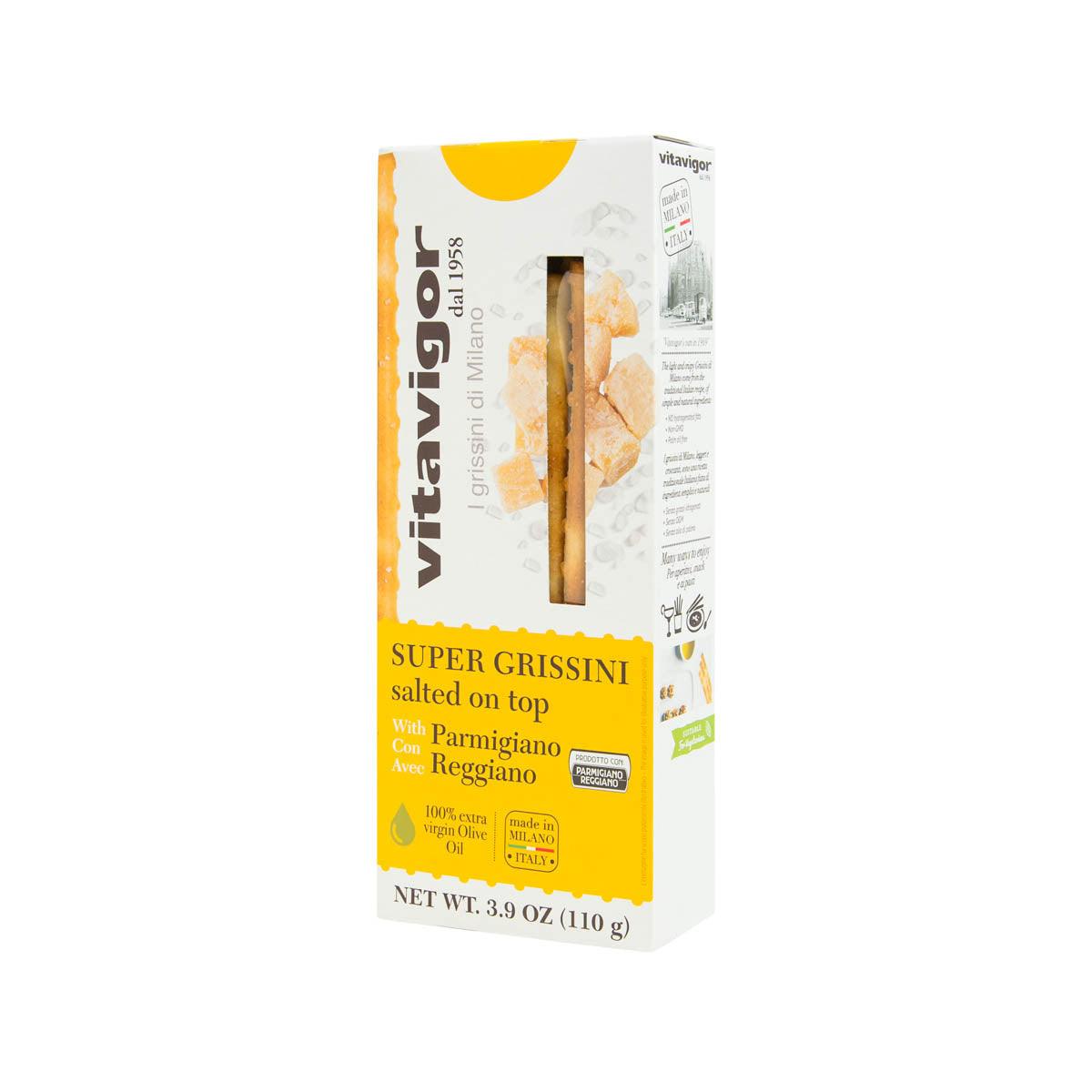 VITAVIGOR grissini breadsticks pack side view, salted on top, 110g