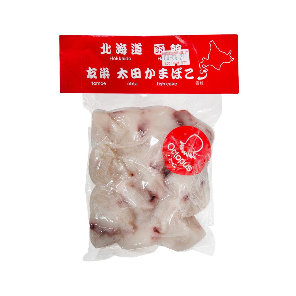 Octopus chigiri kamaboko fish cake in sealed clear bag with red brand label