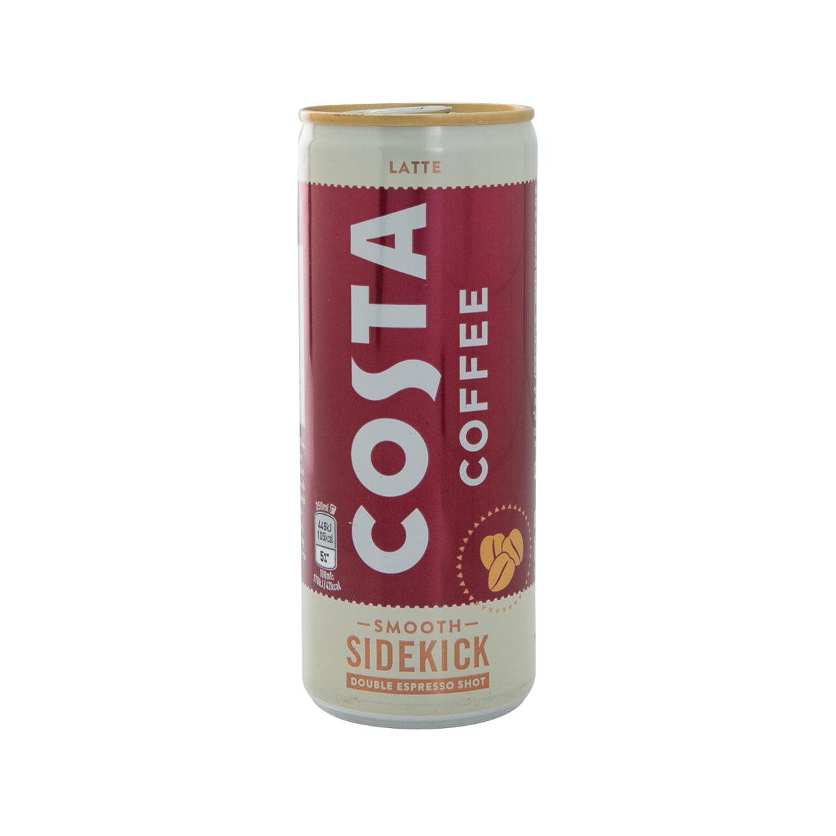 COSTA COFFEE latte coffee drink can with maroon label and 'COFFEE' text