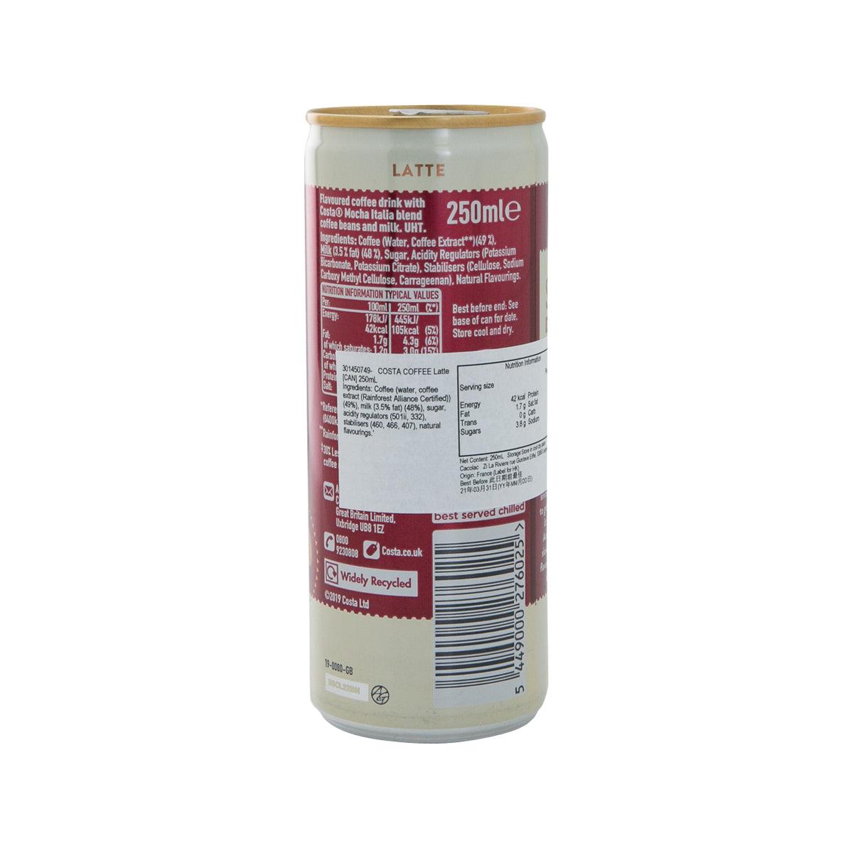 Latte coffee drink can back label with 250ml text, nutrition details, and barcode