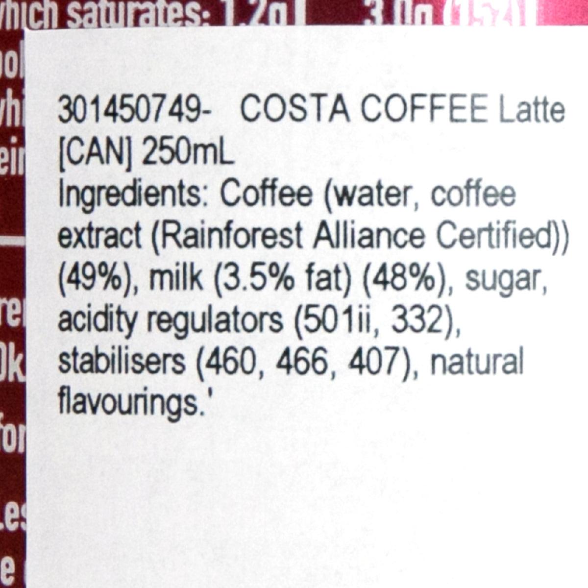Ingredients close-up on latte coffee drink can with coffee, milk, sugar, and additives