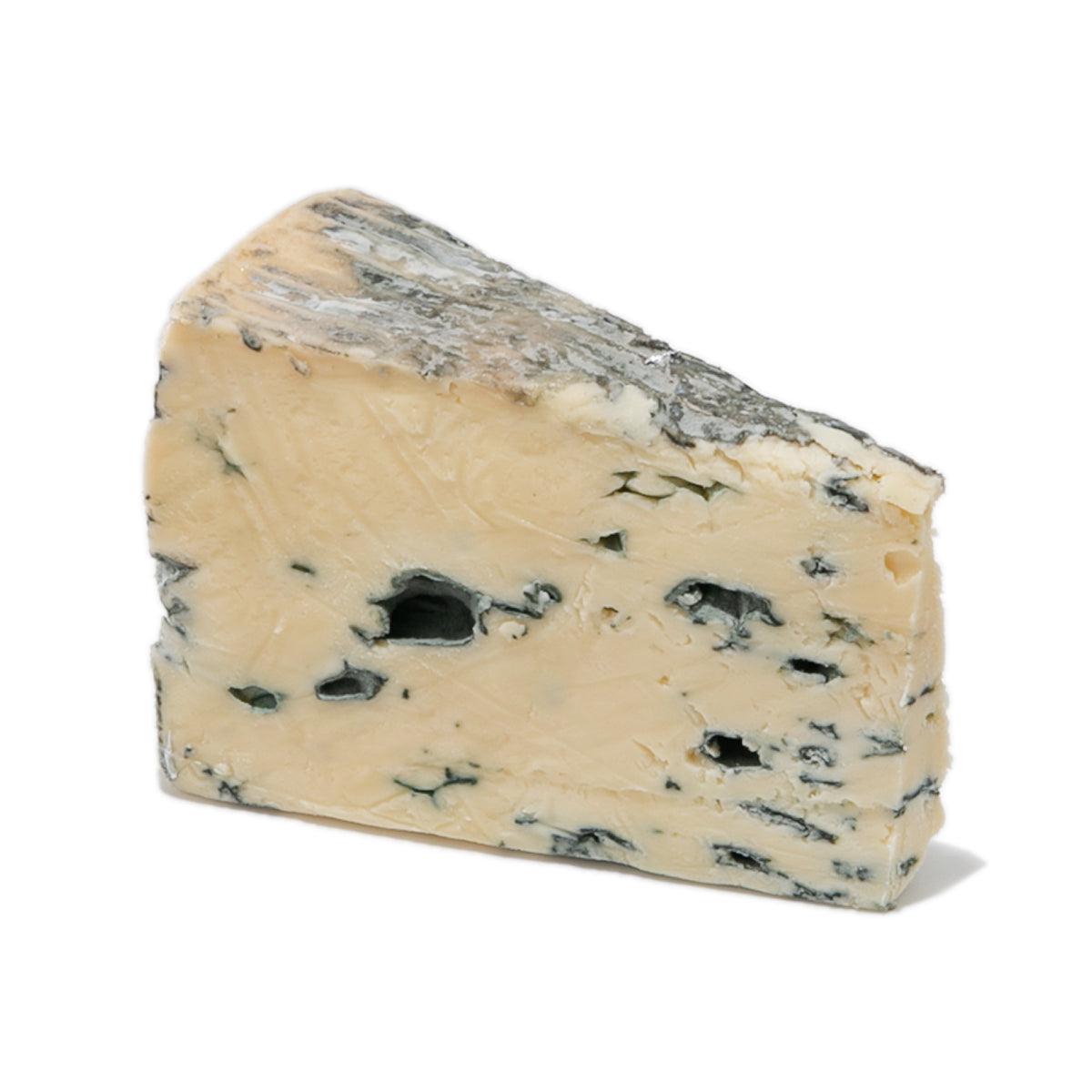 Blue cheese wedge with pale interior and dark blue veining, triangular cut