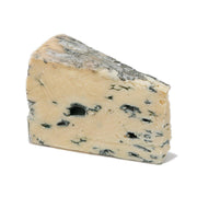 Blue cheese wedge with pale interior and dark blue veining, triangular cut