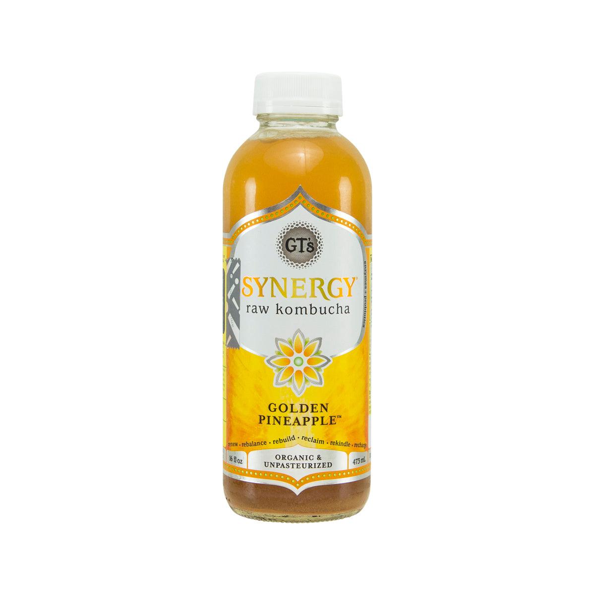 GT'S Synergy golden pineapple raw kombucha bottle, 473 mL