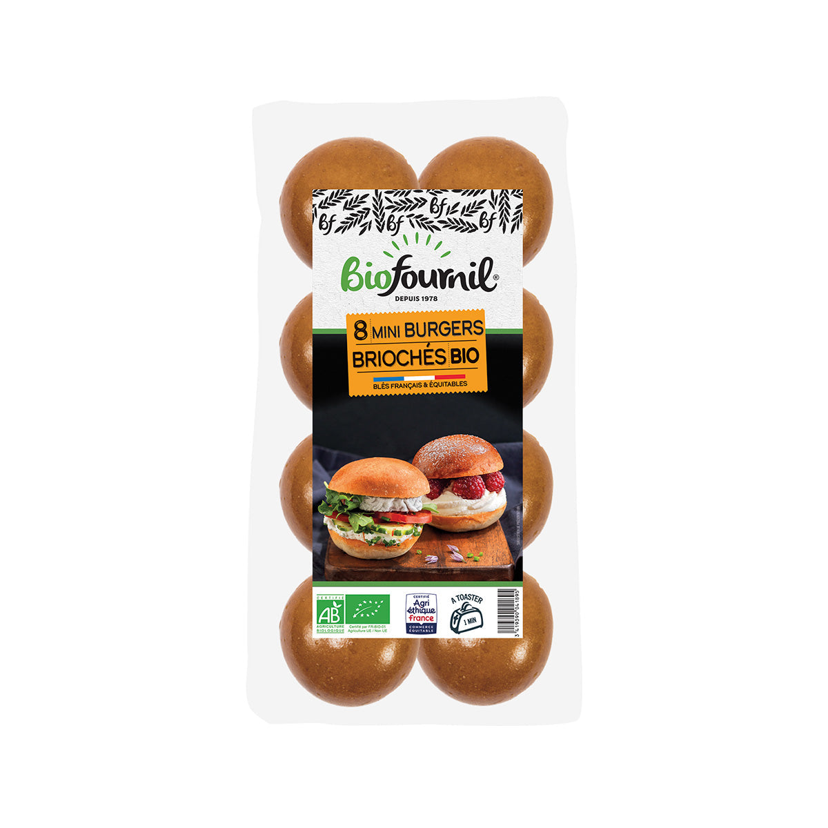 Organic mini brioche burger buns, round golden rolls, sold in a pack