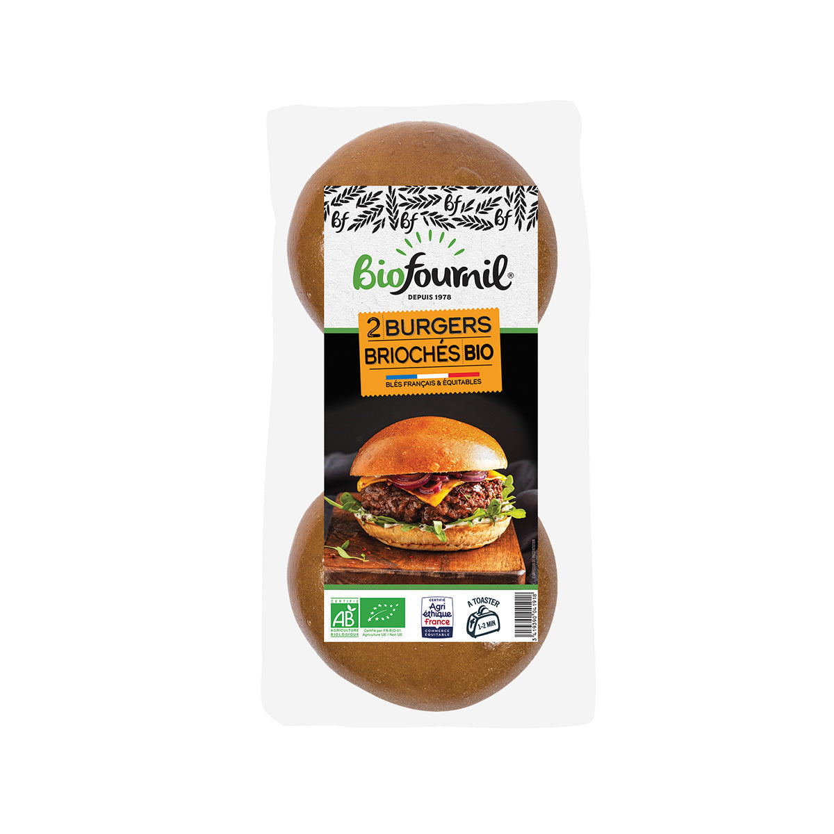 BIOFOURNIL organic brioche burger buns, two dark golden-brown buns in package