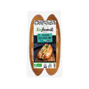 Organic hot dog bun pack with two brown buns in plastic packaging