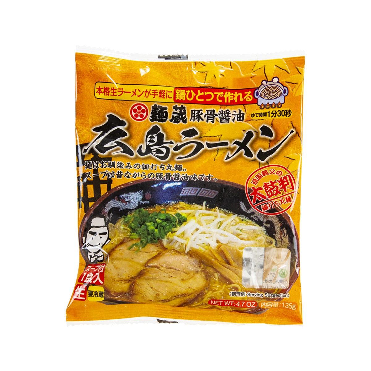 Instant ramen soup packet with pork bone soy sauce, yellow package, ramen bowl graphic