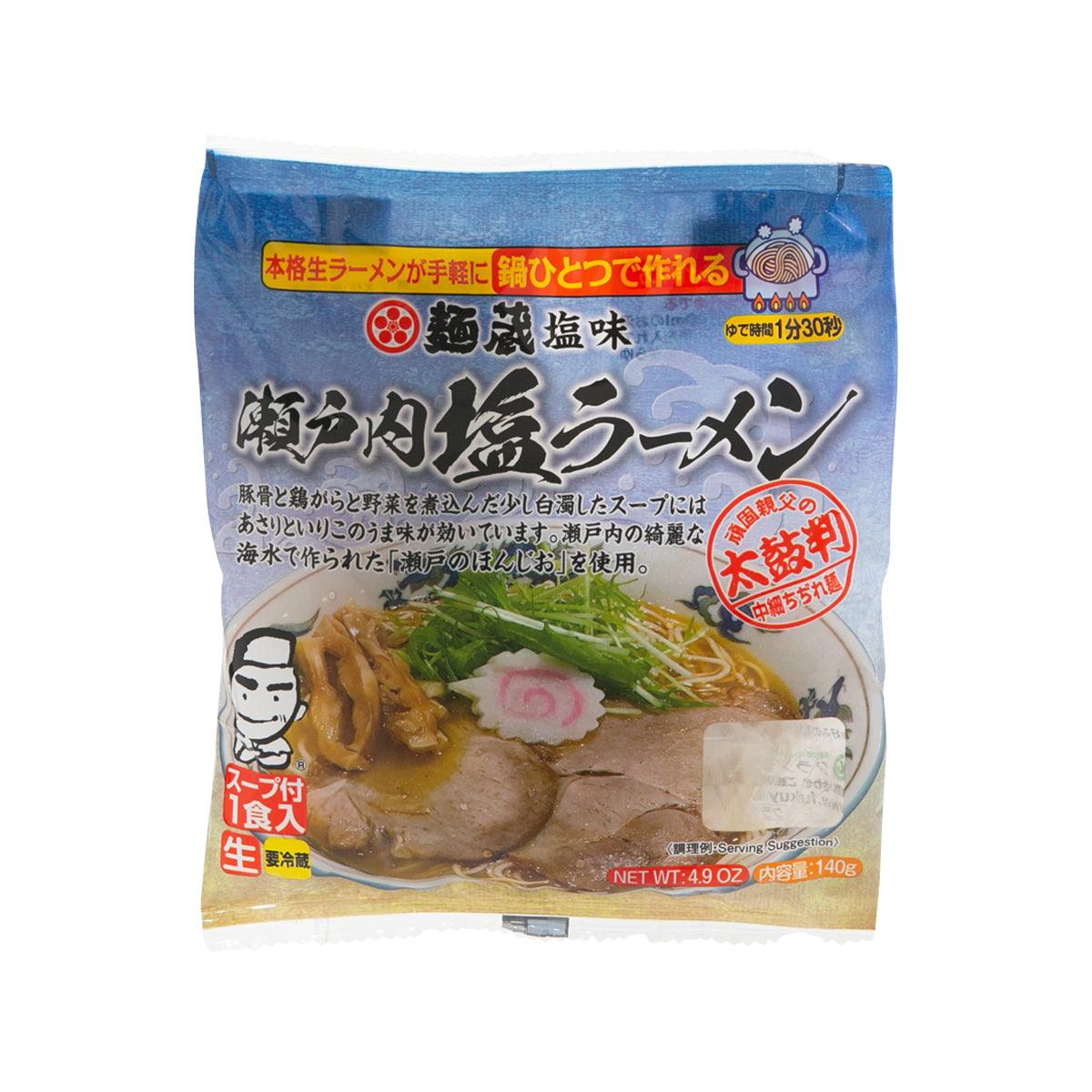 Blue KURATA Menzo Setouchi salt ramen pouch, front view with net wt 140g