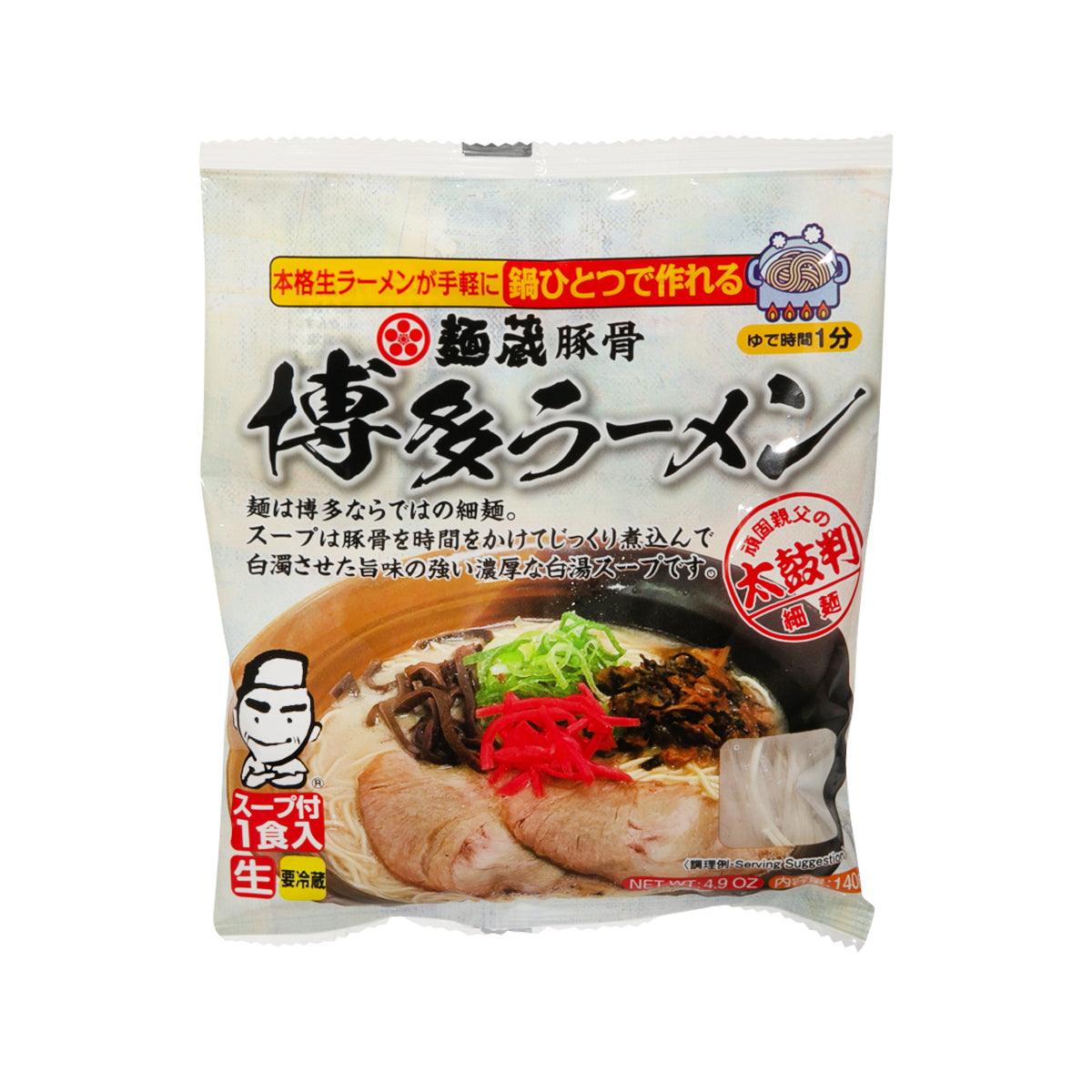 Instant pork bone ramen noodle pack with red garnish and seasoning on front