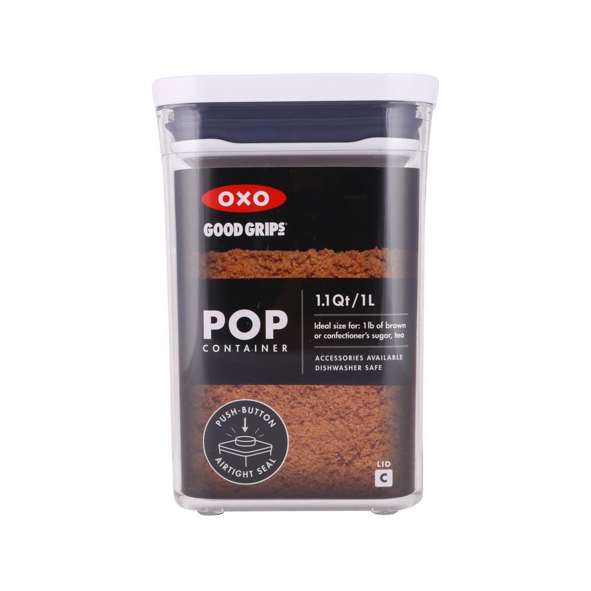 OXO Pop Container small square, clear plastic with dark push-button lid, 1 qt