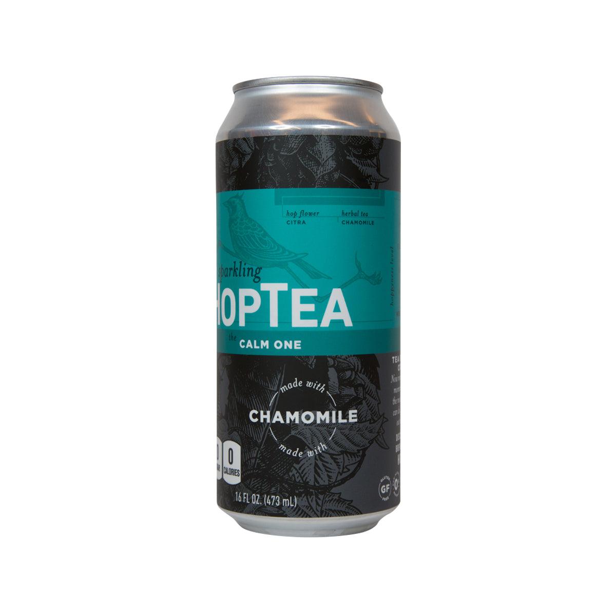 Sparkling chamomile tea can, teal and black label, 473 mL