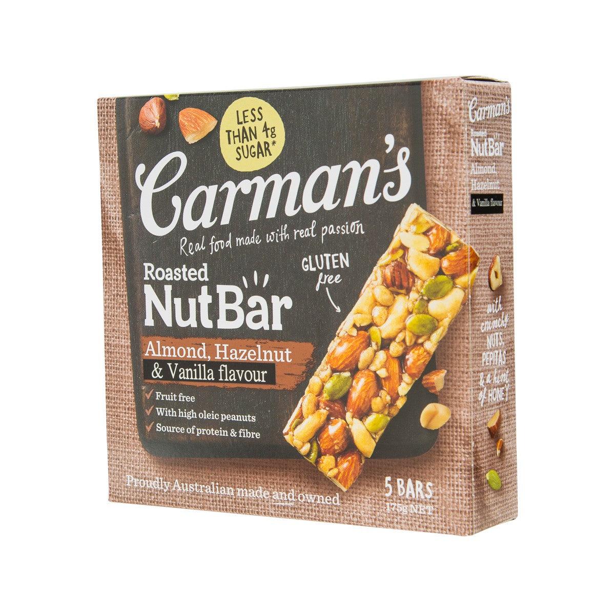 CARMAN'S Roasted NutBar almond hazelnut vanilla, front view, 5 bars