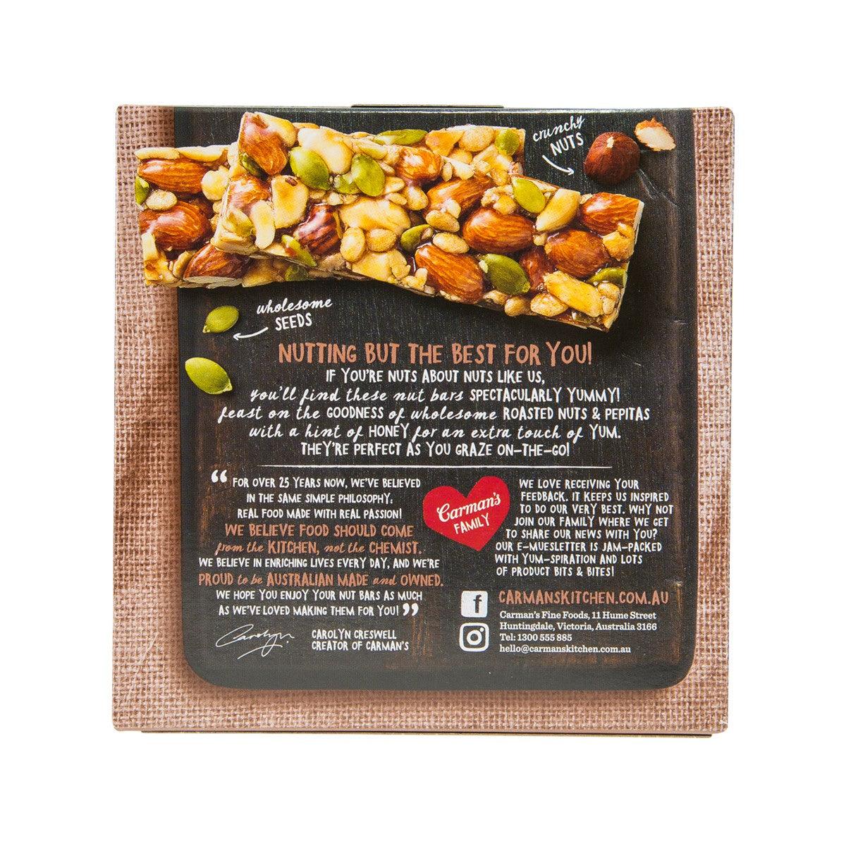 CARMAN'S Roasted NutBar back of pack with nut bar slices and directions