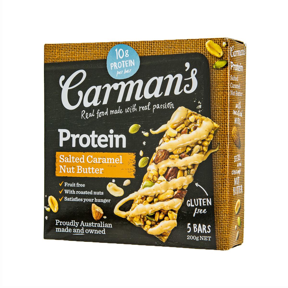 Carman's protein bar pack, salted caramel nut butter, 5 bars, gluten-free, side view