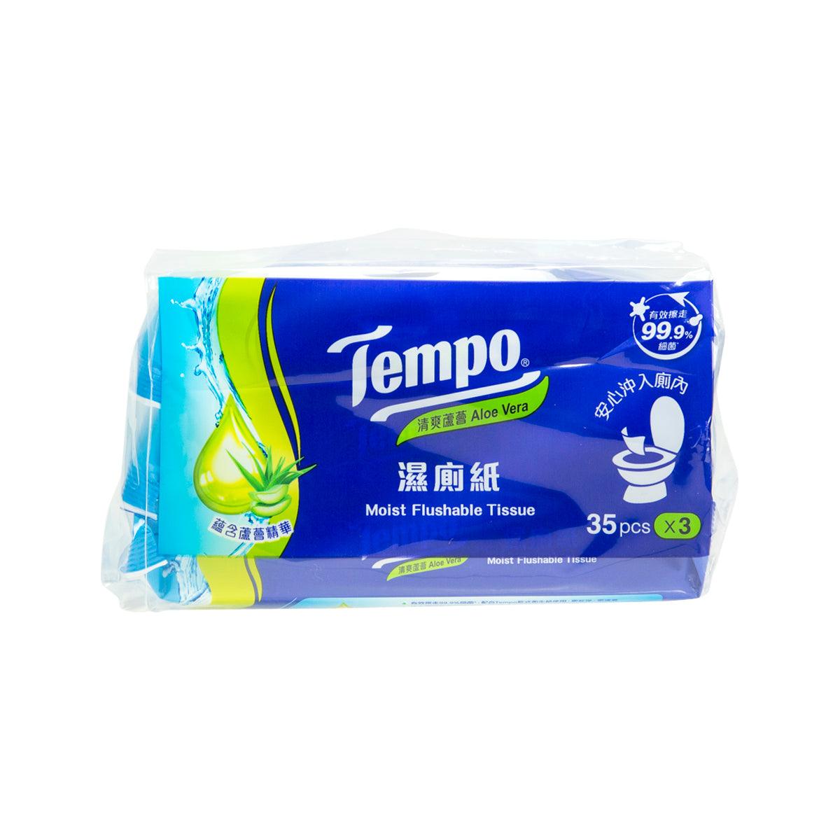 Tempo moist flushable tissues with aloe vera, 35 pcs x 3 in blue pack