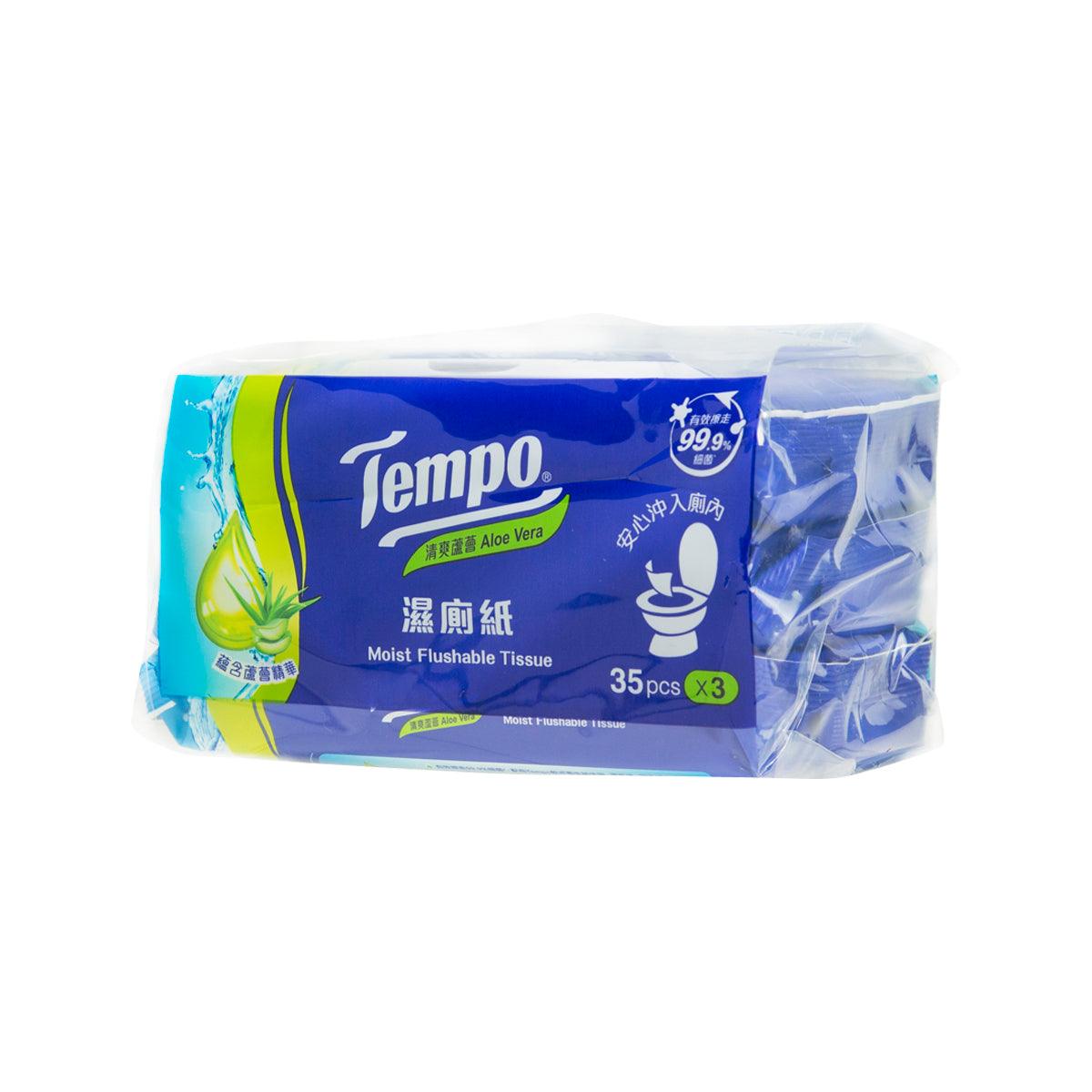 Tempo moist flushable tissues, aloe vera scent, 35 pcs x 3 pack in blue