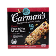 Fruit and nut muesli bars carton with red/black front and bar illustration