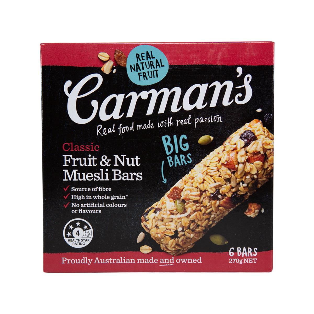 Fruit and nut muesli bars carton with red/black front and bar illustration