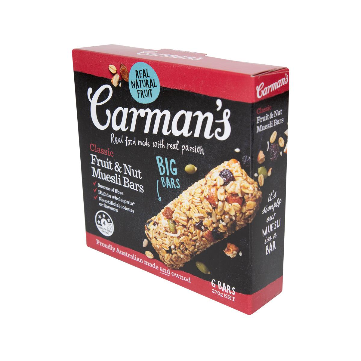 Fruit and nut muesli bars carton angled view showing top and side graphics