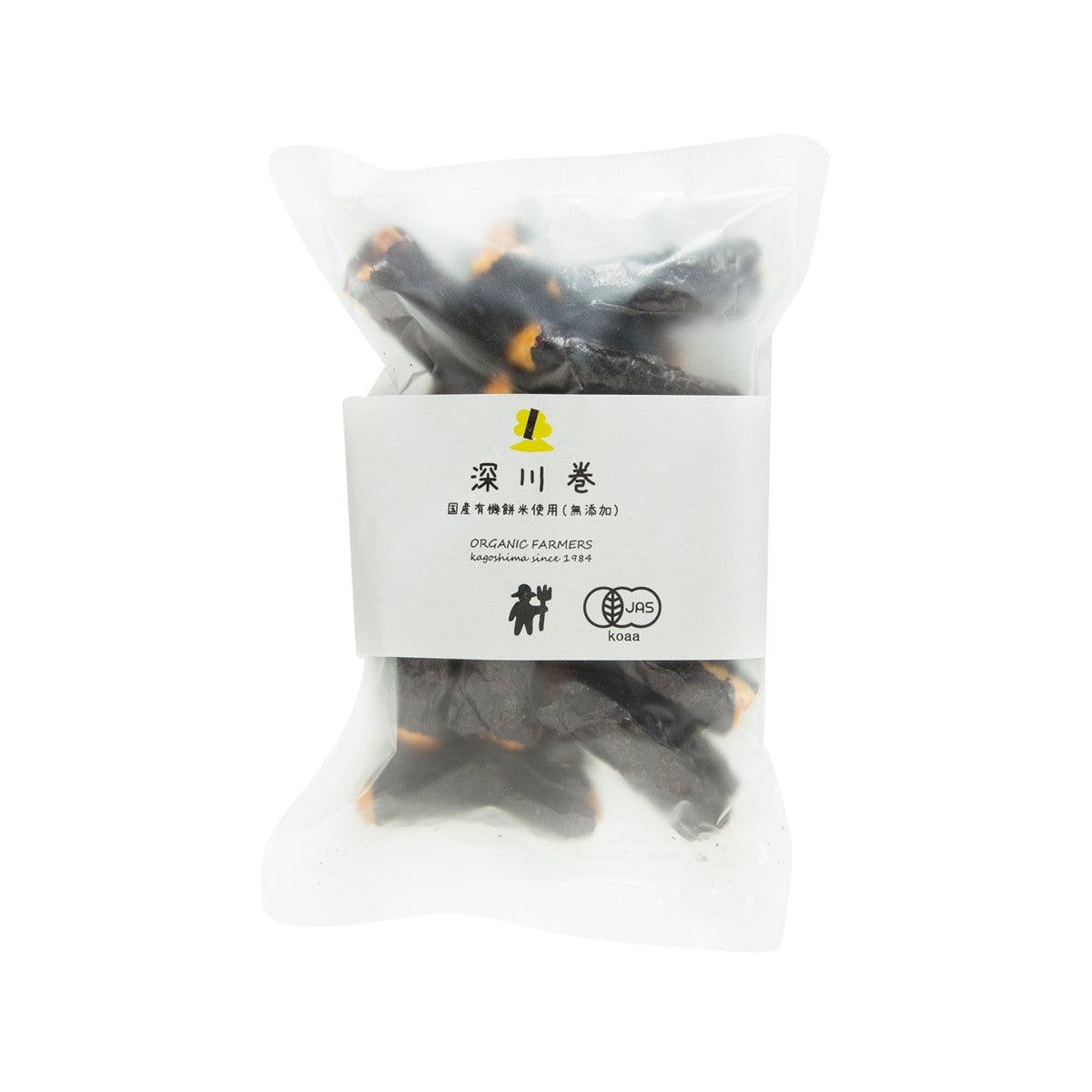 KAGOSHIMAOG organic okaki rice crackers in clear pouch with dark seaweed pieces