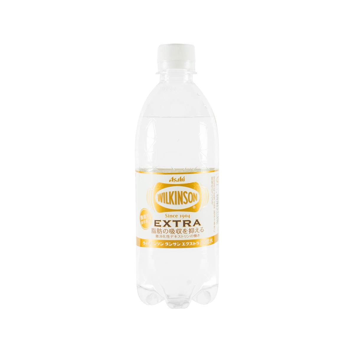 WILKINSON extra carbonated water bottle, clear 490 mL plastic with white cap.