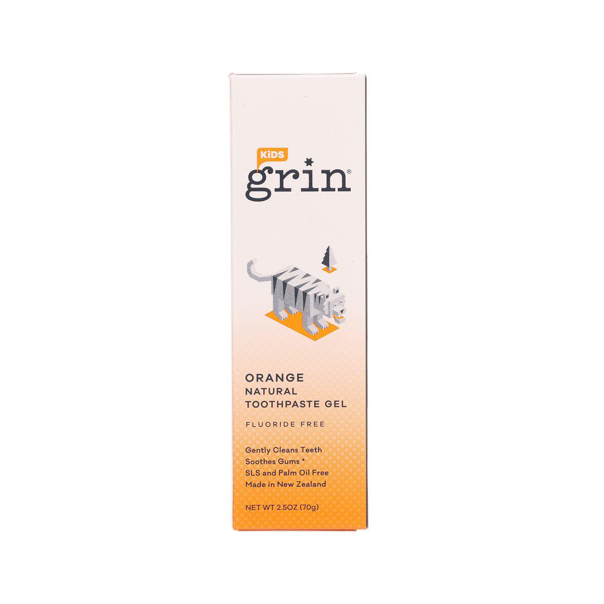 GRIN kids orange toothpaste gel box, fluoride-free, 70 g