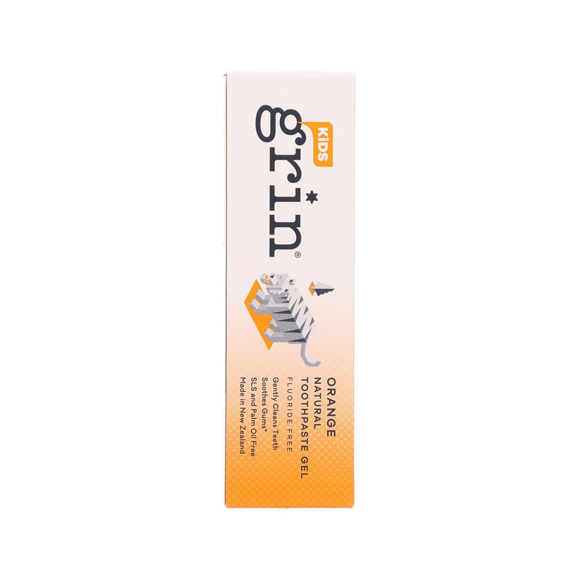GRIN kids orange toothpaste gel box side, orange natural toothpaste gel