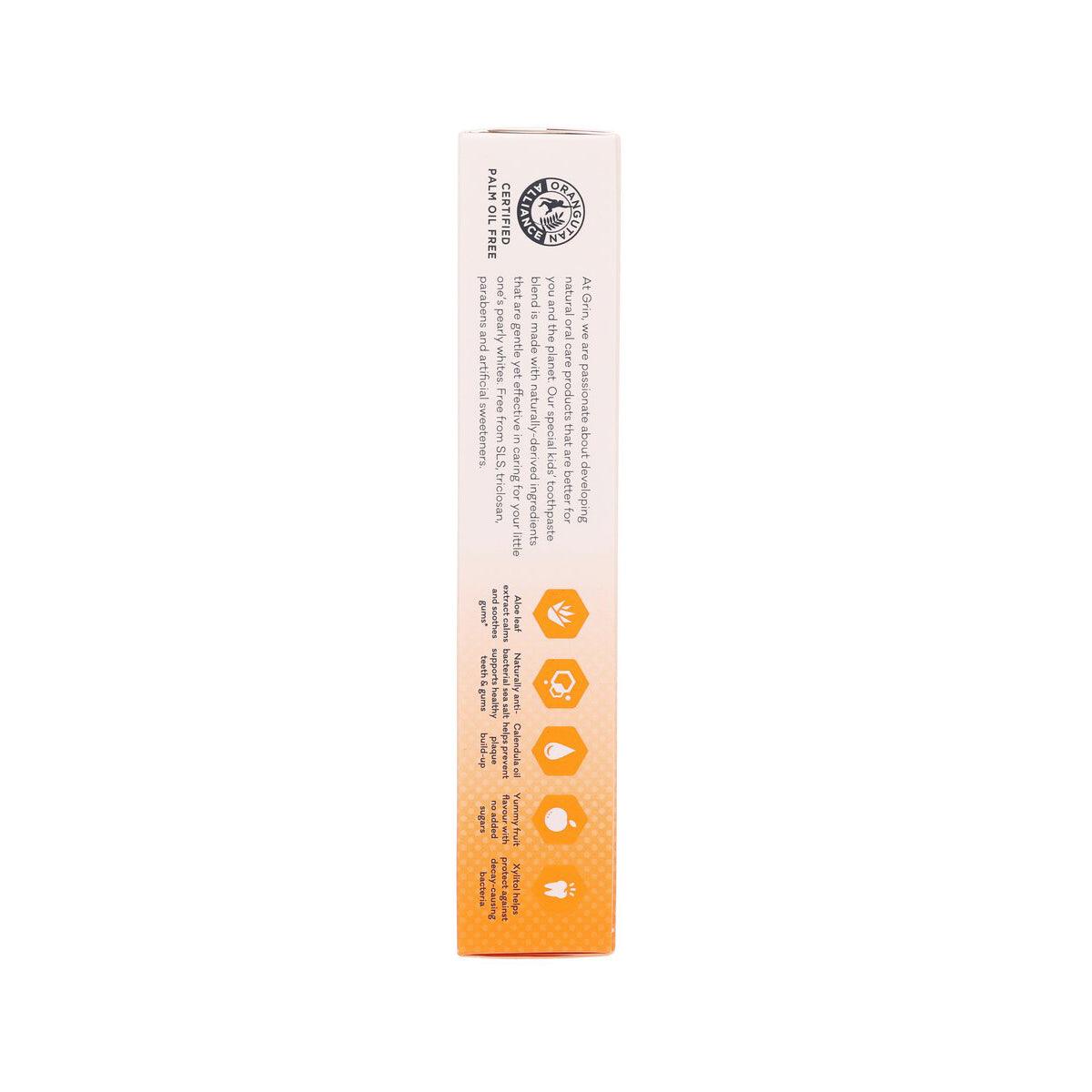 GRIN kids toothpaste gel box side with recycling and product icons