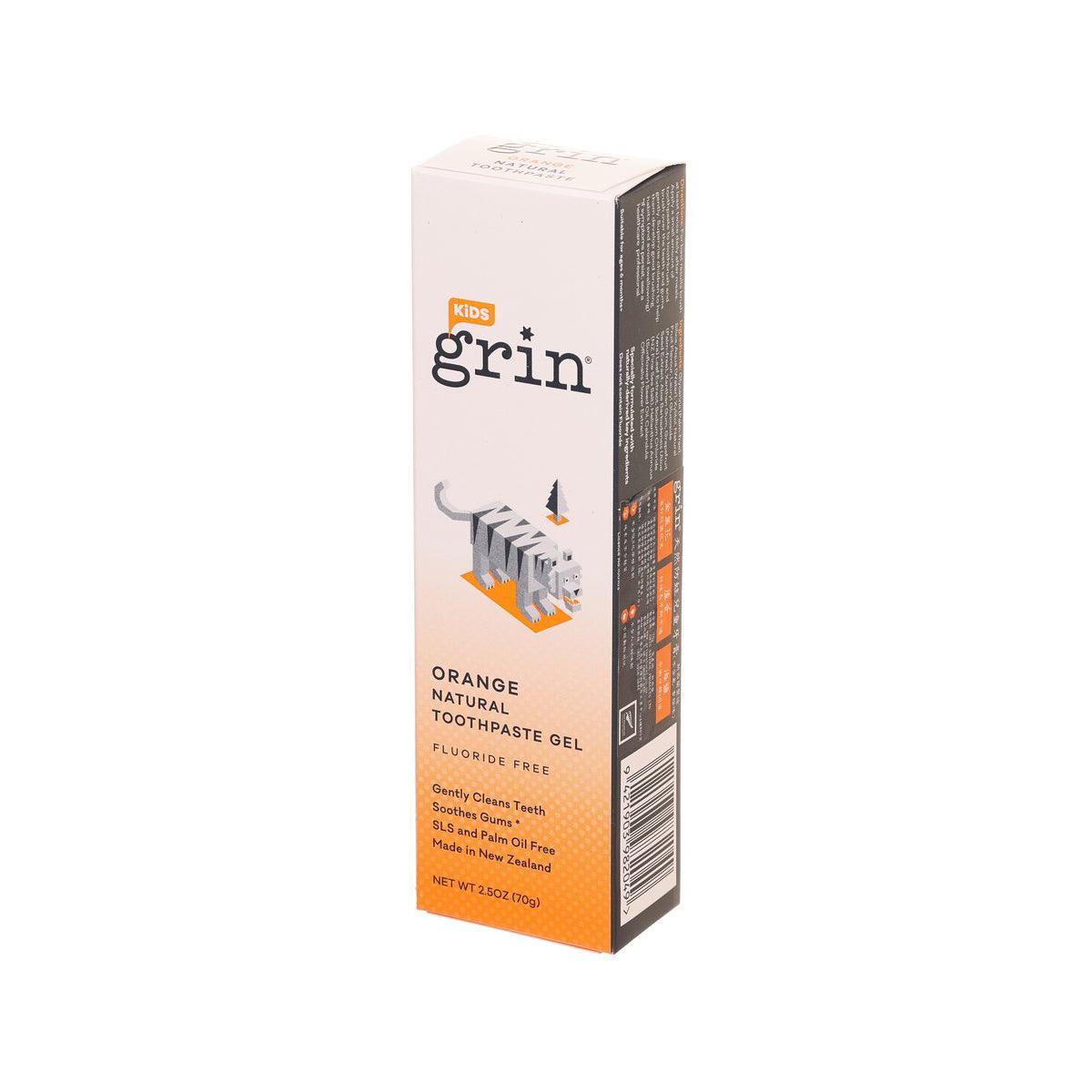 GRIN kids orange natural toothpaste gel box, fluoride-free, 70 g