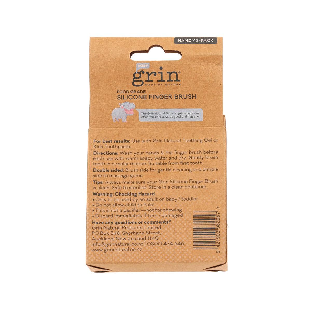 GRIN silicone finger brush 2-pack box back with care instructions text