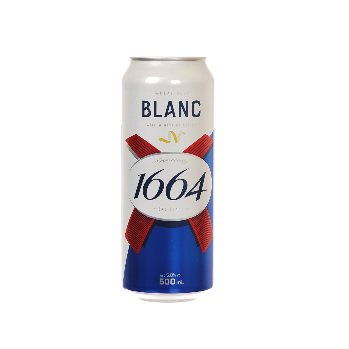 Wheat beer can with KRONENBOURG 1664 Blanc label, 500 mL, front view
