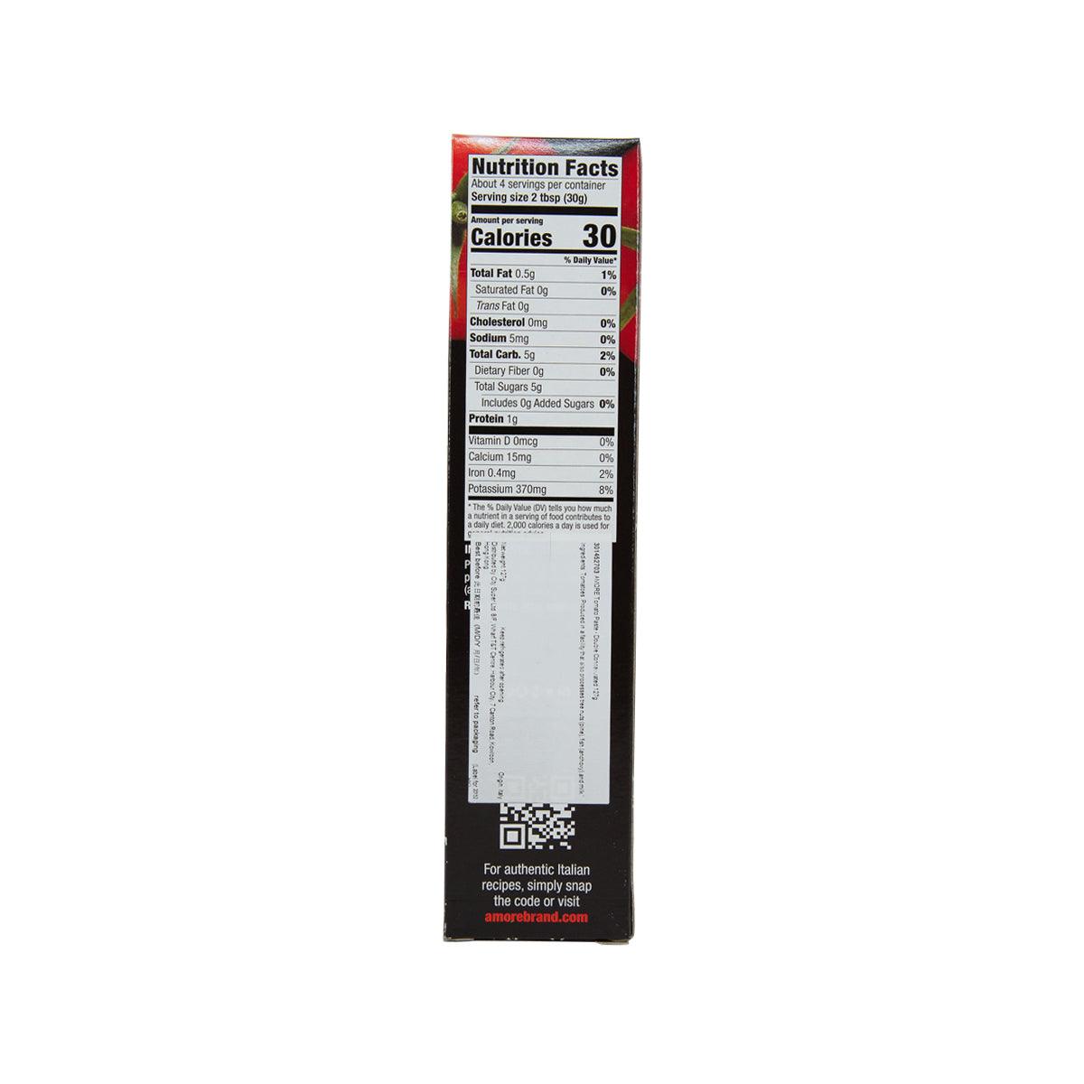 AMORE tomato paste box, back panel with nutrition facts, 127g