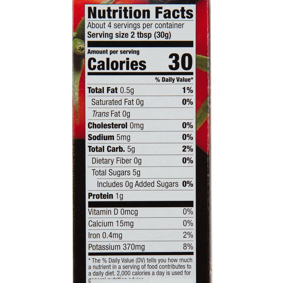 Nutrition facts label: AMORE tomato paste, 30 calories per serving (2 tbsp)