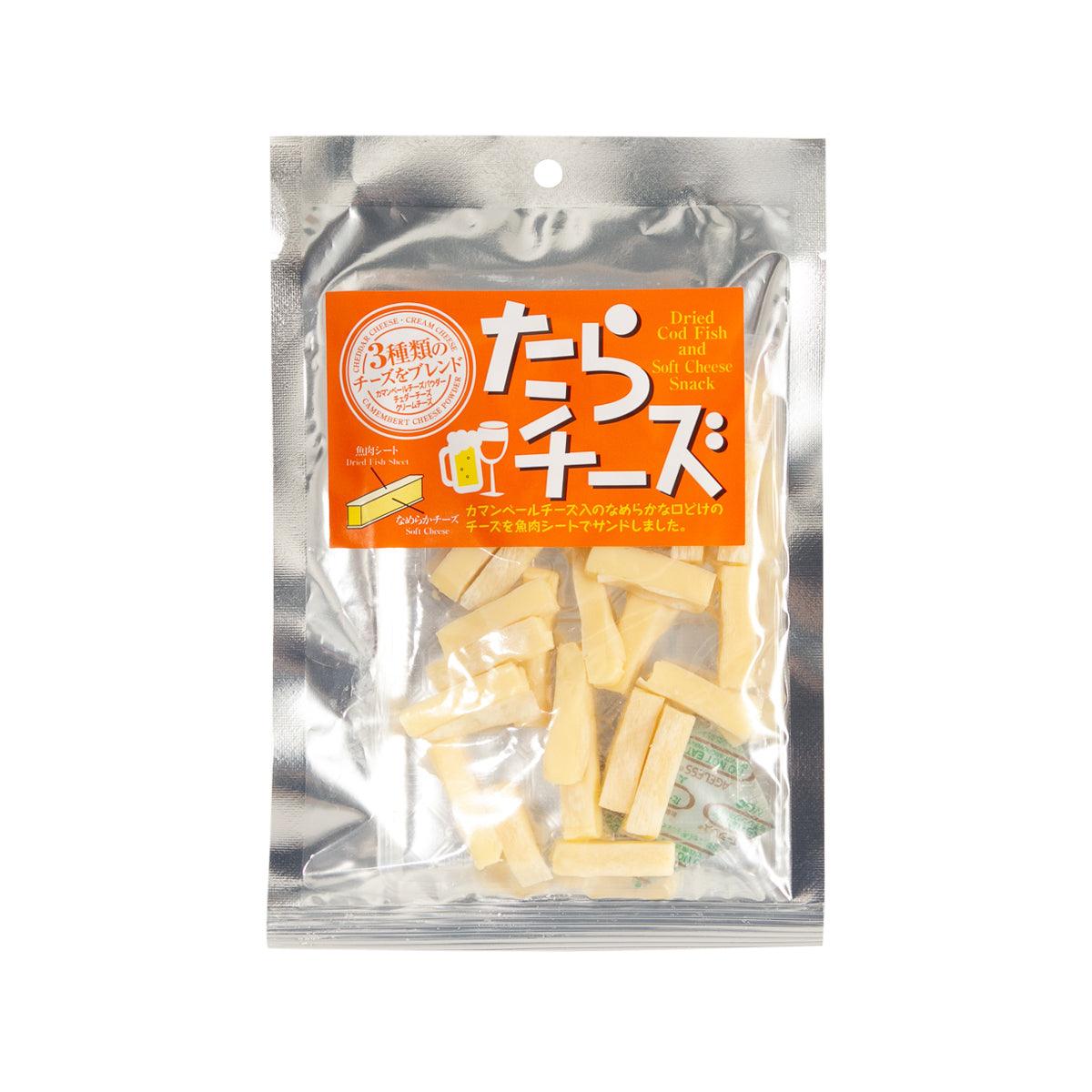 Sealed foil bag of dried cod and cheese snack, light yellow pieces visible.
