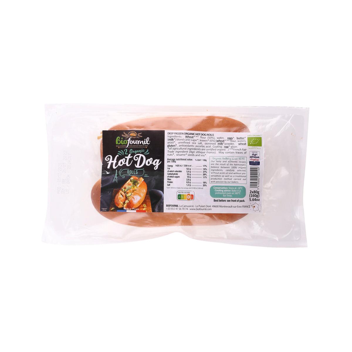 Packaged organic hot dog buns, two golden-brown rolls in clear plastic bag