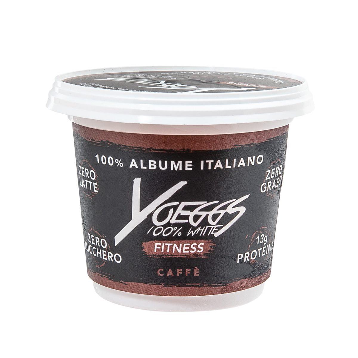 YOEGGS coffee egg-white yogurt alternative cup, white lid, black and brown label