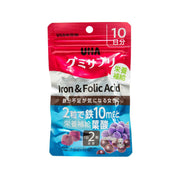 Iron & Folic Acid gummy supplement pouch, red/blue front with 10mg claim