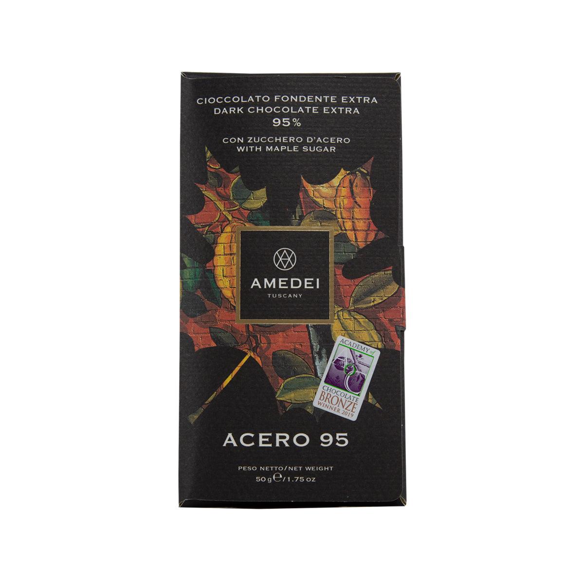 Dark chocolate bar package with colorful leaf design and AMEDEI logo, Acero 95