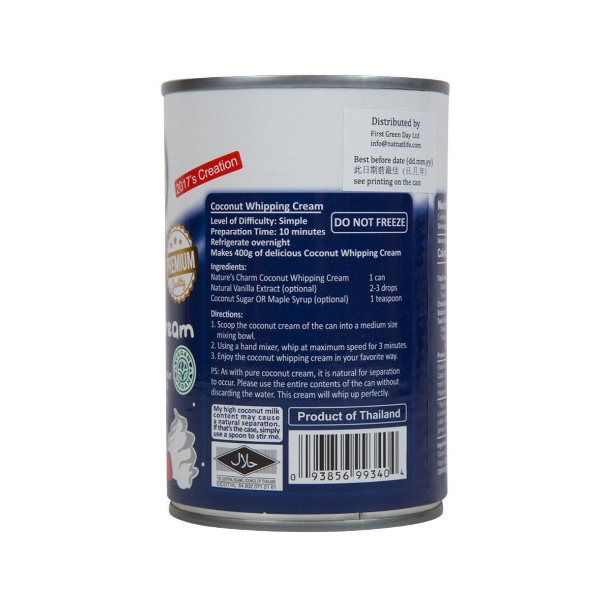 Coconut whipping cream can, back label with directions and product information