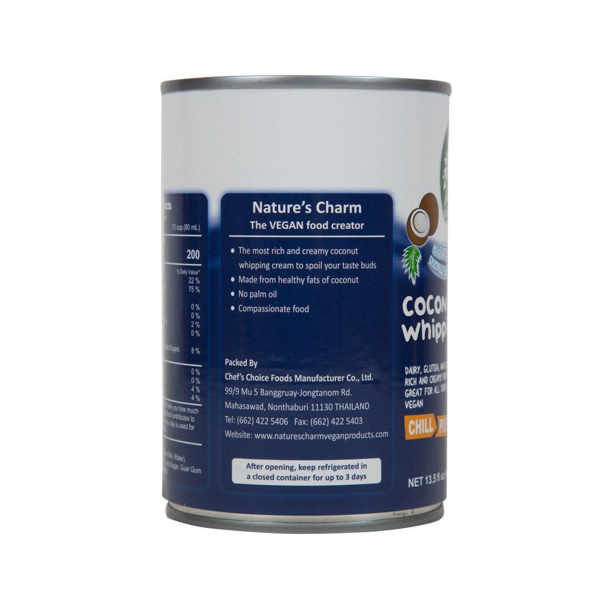 Coconut whipping cream can side panel with vegan claims and ingredient notes