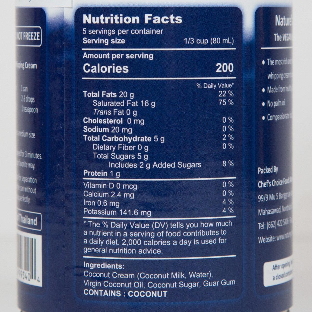 Nutrition facts panel for coconut whipping cream, 1/3 cup serving size